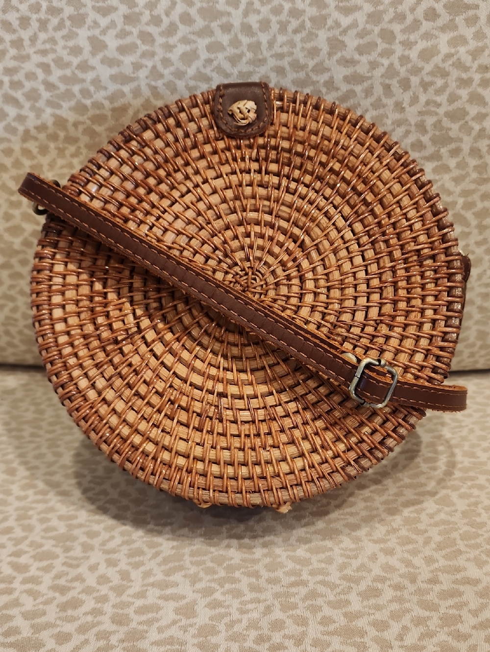 Woven Round Rattan Crossbody Bag in Brown